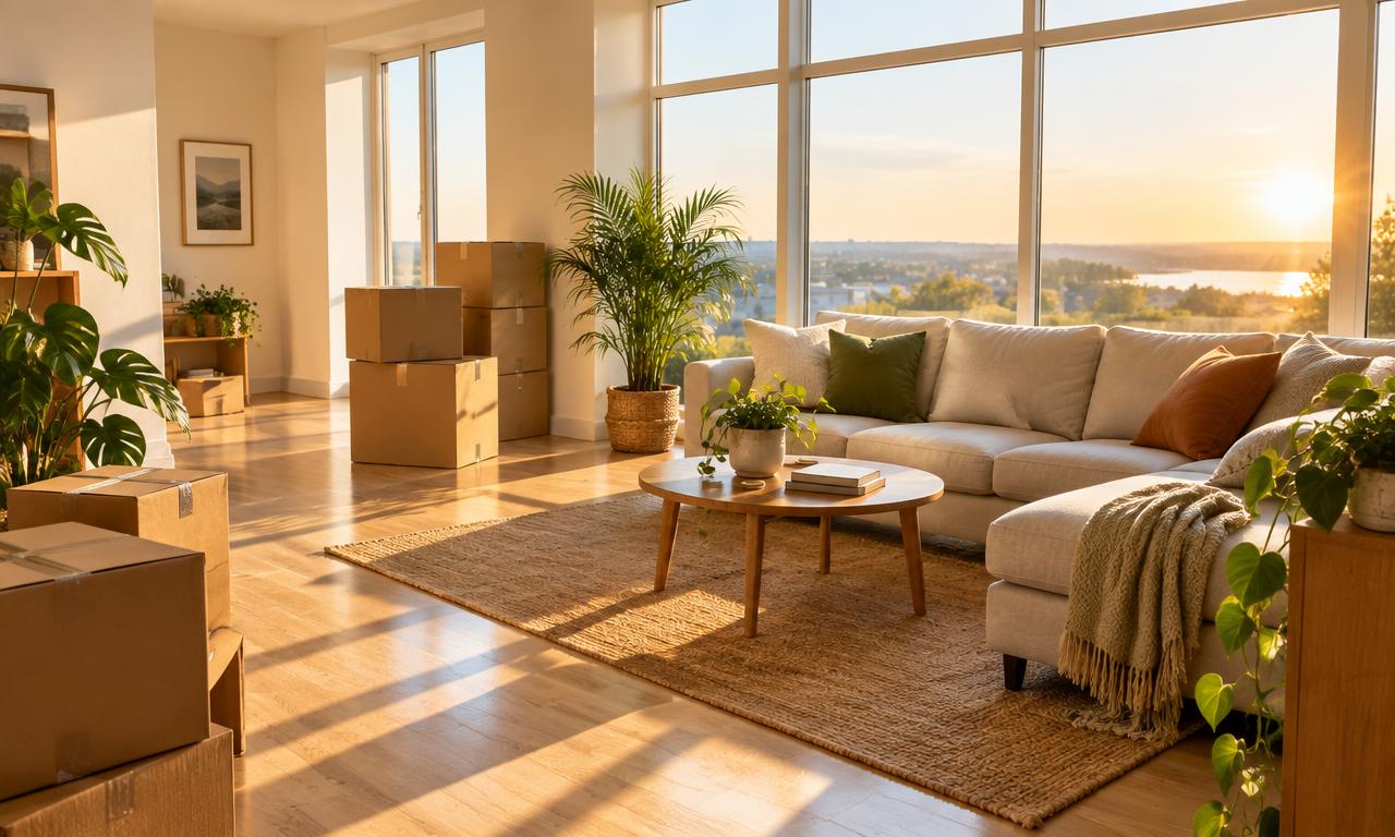 A sunlit new living room with neatly stacked moving boxes